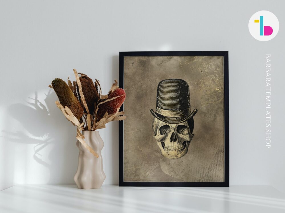 Steampunk human skull with hat digital print