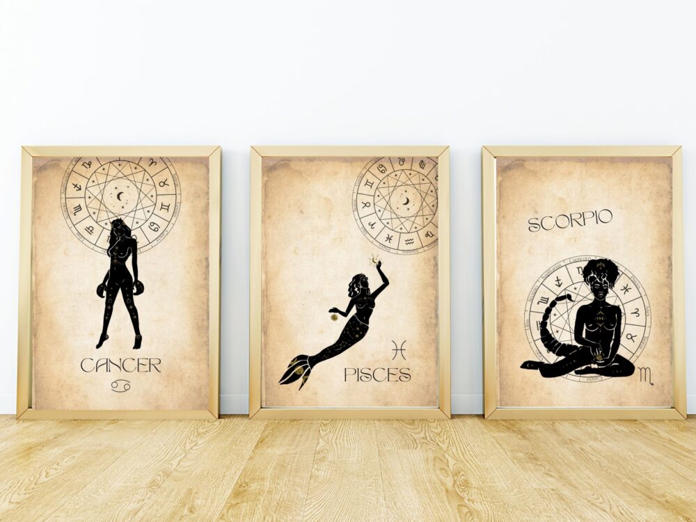 Water Elements, Zodiac Digital Prints, Cancer, Pisces, Scorpio Printable Wall Decor