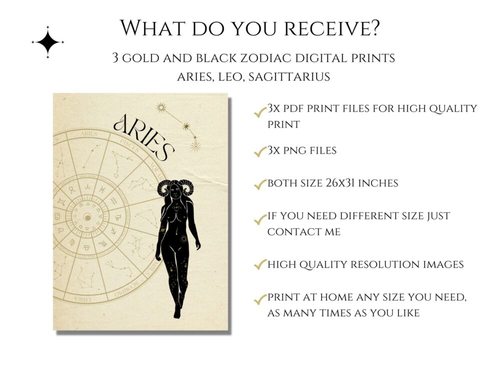 Zodiac printable wall art, 3pc Fire Element, Aries, Leo, Sagittarius Digital Prints