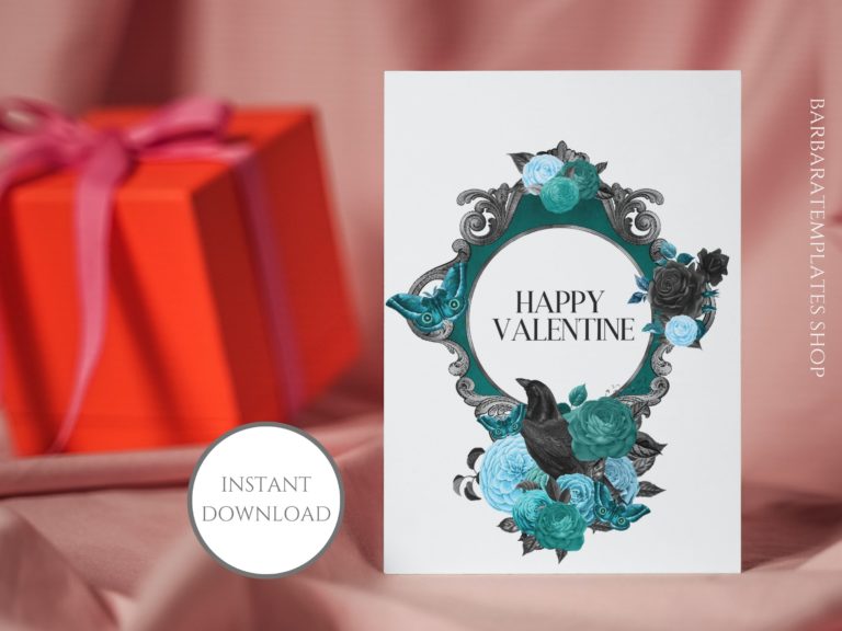 Goth editable turquoise card with raven