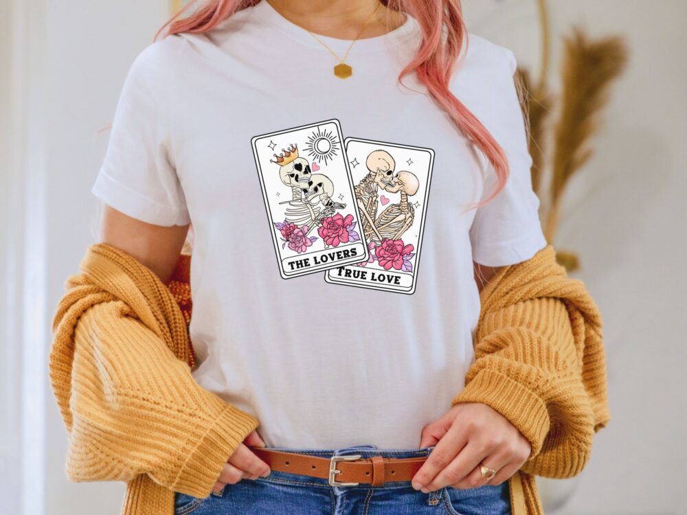 Tarot cards with hugging skeletons t-shirt, Gothic gifts